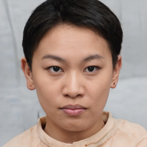 Neutral asian young-adult female with short  brown hair and brown eyes