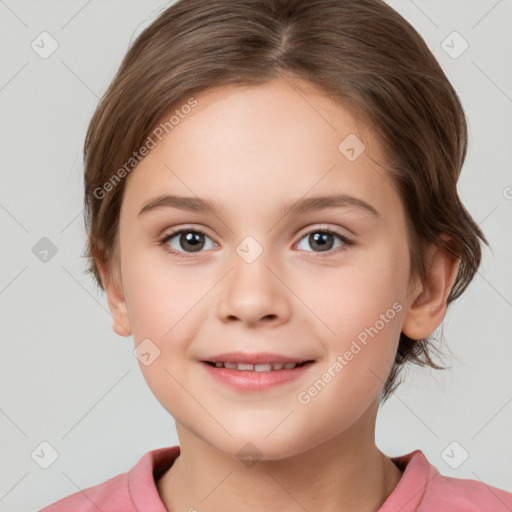 Joyful white child female with medium  brown hair and brown eyes