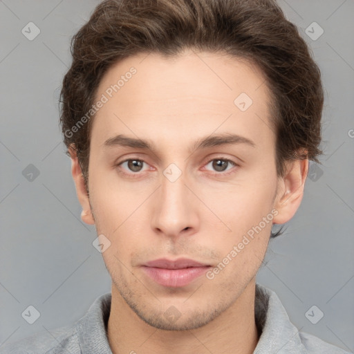 Neutral white young-adult male with short  brown hair and grey eyes