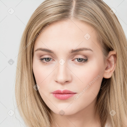 Neutral white young-adult female with long  brown hair and grey eyes