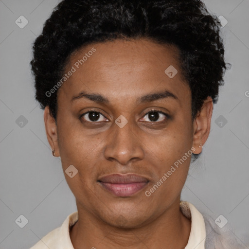 Joyful latino adult female with short  brown hair and brown eyes