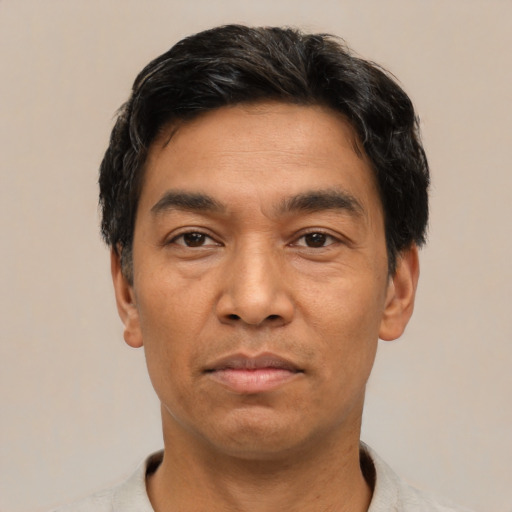 Neutral asian adult male with short  black hair and brown eyes