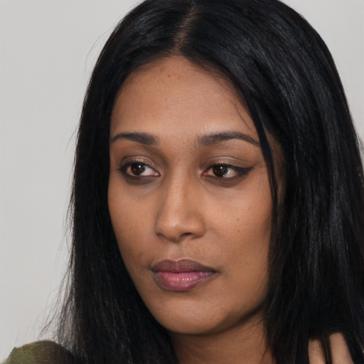 Neutral asian young-adult female with long  black hair and brown eyes