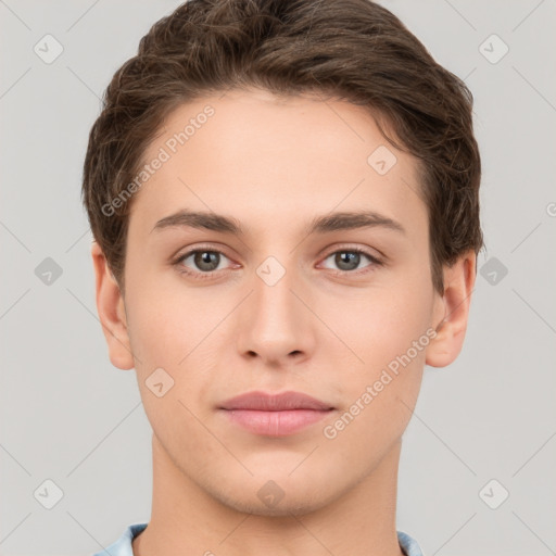 Neutral white young-adult male with short  brown hair and brown eyes