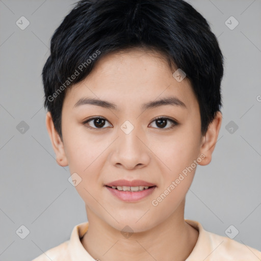 Joyful asian young-adult female with short  black hair and brown eyes