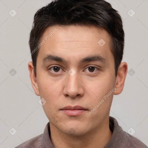 Neutral white young-adult male with short  brown hair and brown eyes