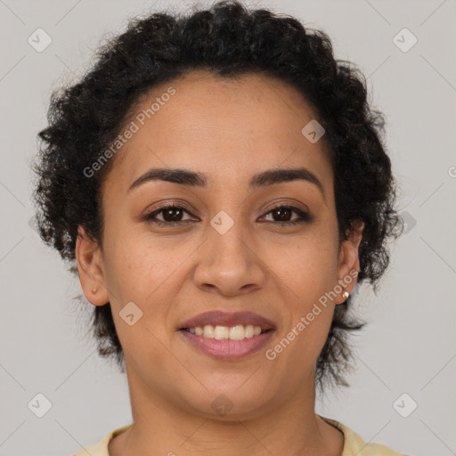 Joyful latino young-adult female with short  brown hair and brown eyes