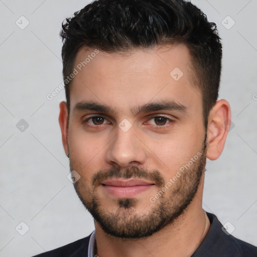 Neutral white young-adult male with short  brown hair and brown eyes