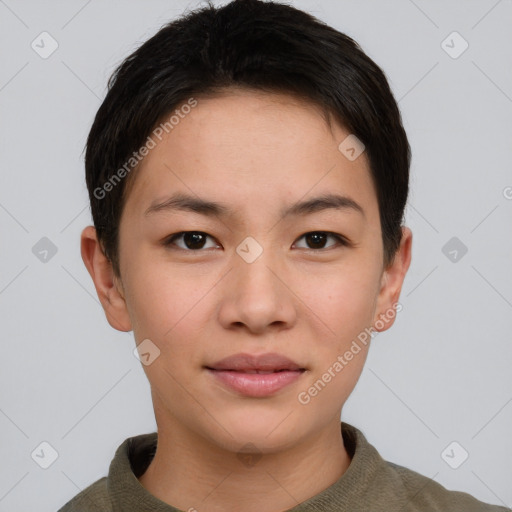 Joyful asian young-adult female with short  brown hair and brown eyes