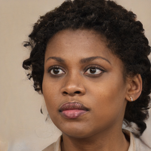 Neutral black young-adult female with medium  black hair and brown eyes