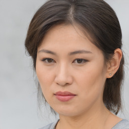 Neutral asian young-adult female with medium  brown hair and brown eyes