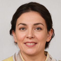 Joyful white adult female with medium  brown hair and brown eyes