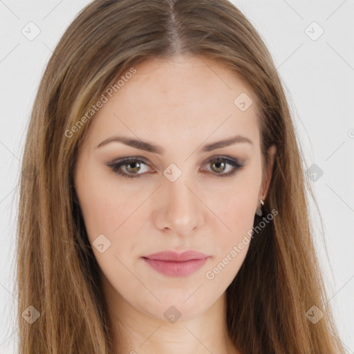 Neutral white young-adult female with long  brown hair and brown eyes