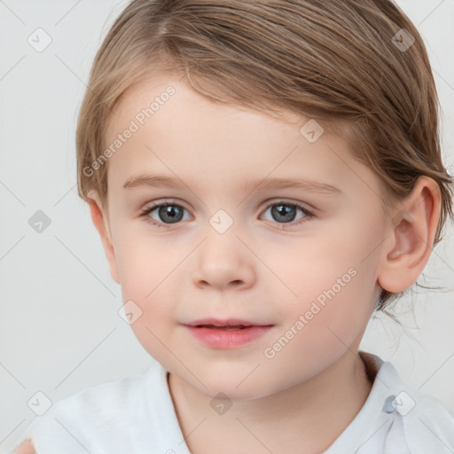 Joyful white child female with medium  brown hair and brown eyes