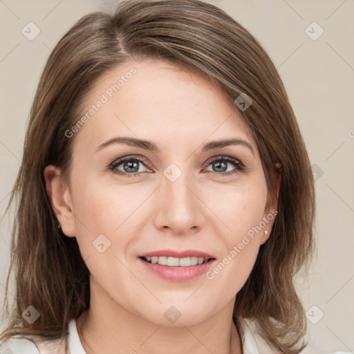 Joyful white young-adult female with medium  brown hair and green eyes