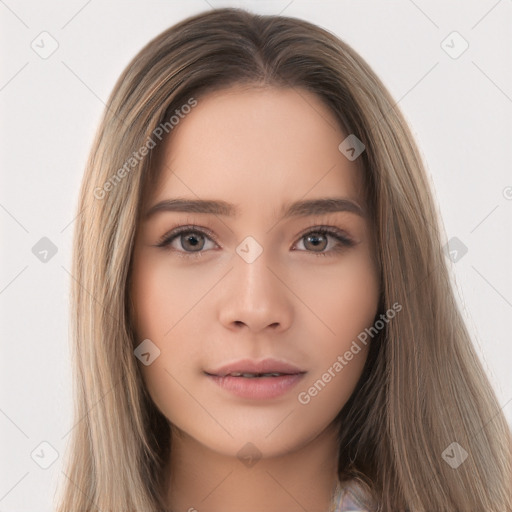 Neutral white young-adult female with long  brown hair and brown eyes