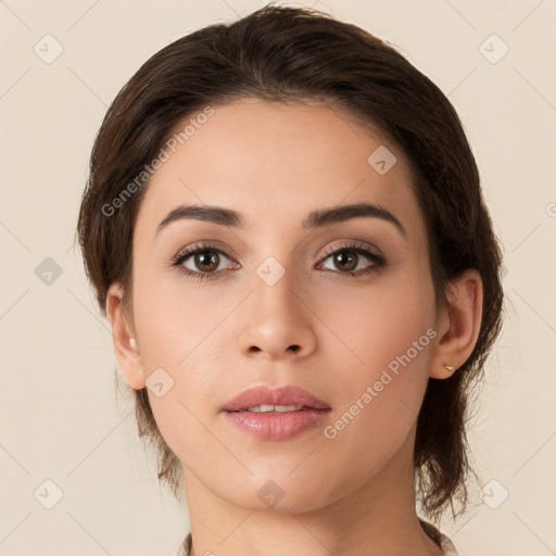 Neutral white young-adult female with medium  brown hair and brown eyes