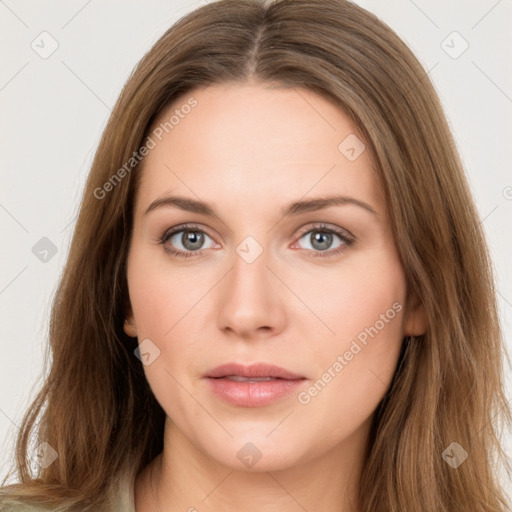 Neutral white young-adult female with long  brown hair and brown eyes