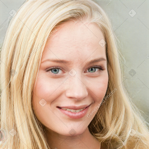 Joyful white young-adult female with long  brown hair and blue eyes