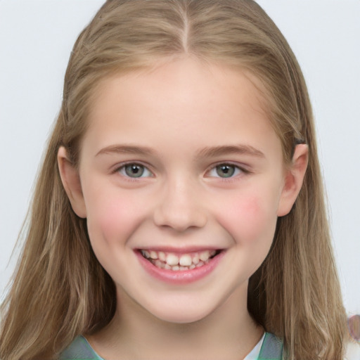 Joyful white child female with long  brown hair and grey eyes