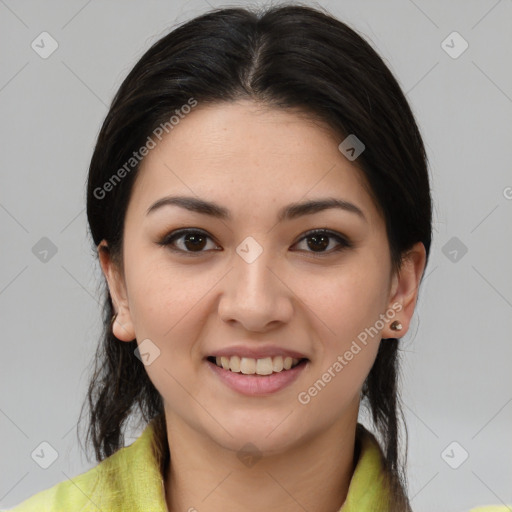 Joyful asian young-adult female with medium  brown hair and brown eyes