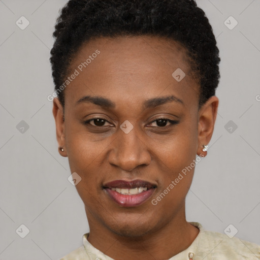 Joyful latino young-adult female with short  black hair and brown eyes