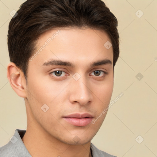 Neutral white young-adult male with short  brown hair and brown eyes