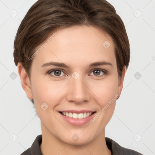 Joyful white young-adult female with medium  brown hair and grey eyes