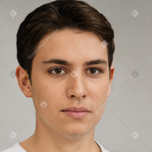 Neutral white young-adult male with short  brown hair and brown eyes