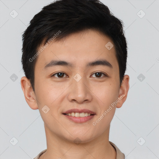 Joyful white young-adult male with short  black hair and brown eyes