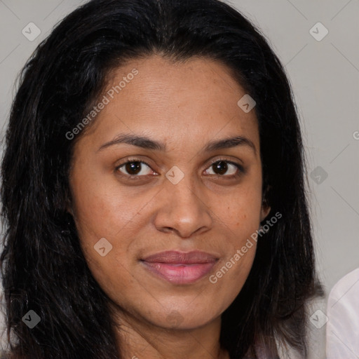 Joyful latino young-adult female with long  brown hair and brown eyes