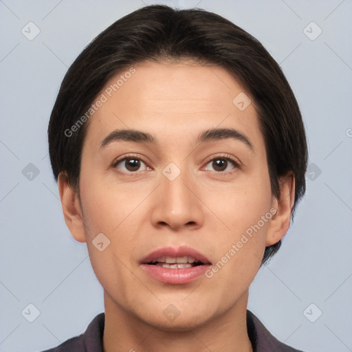 Joyful white young-adult female with medium  brown hair and brown eyes