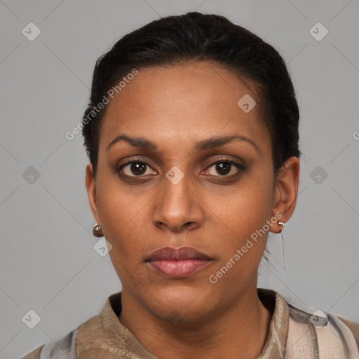 Neutral latino young-adult female with short  brown hair and brown eyes