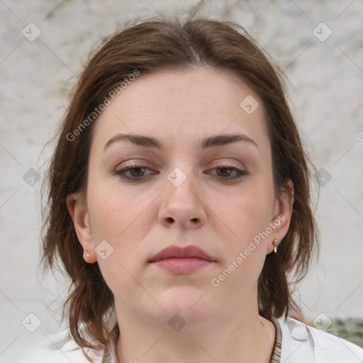 Neutral white young-adult female with medium  brown hair and brown eyes