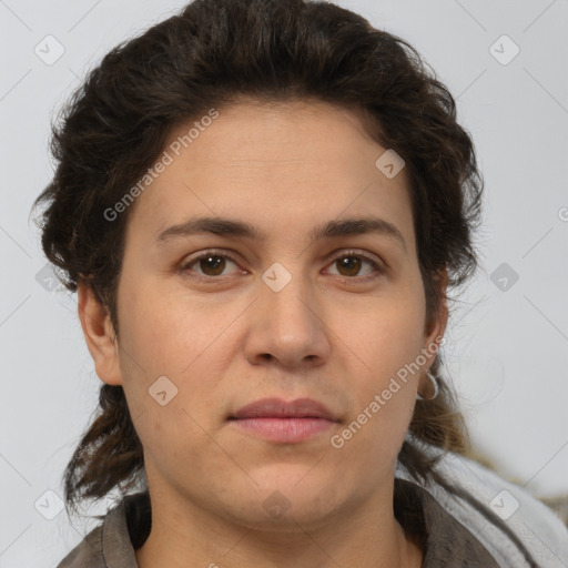 Neutral white young-adult female with medium  brown hair and brown eyes