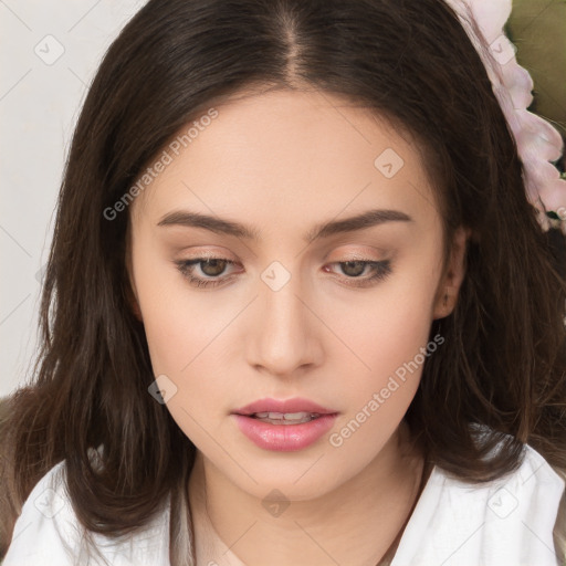 Neutral white young-adult female with long  brown hair and brown eyes