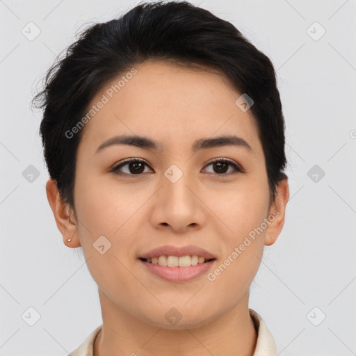 Joyful asian young-adult female with short  brown hair and brown eyes