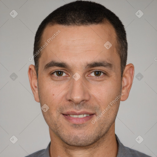 Joyful white adult male with short  brown hair and brown eyes