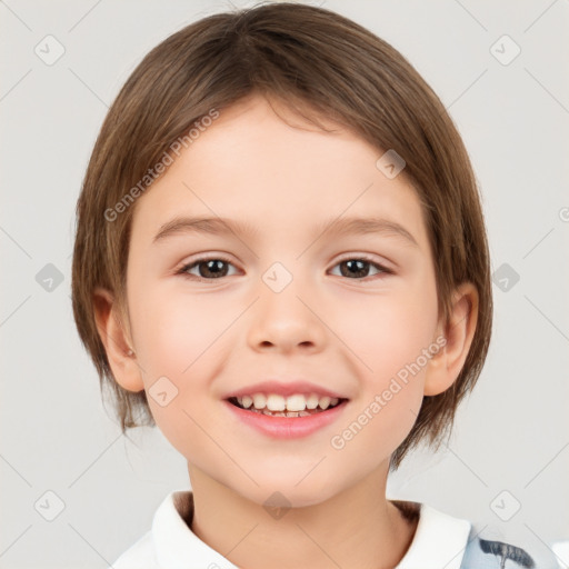 Joyful white child female with medium  brown hair and brown eyes