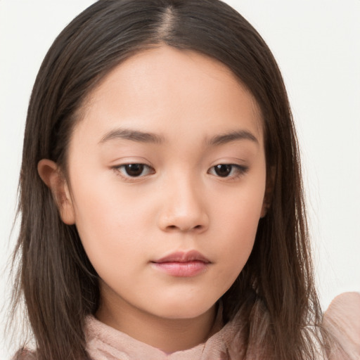 Neutral white child female with long  brown hair and brown eyes