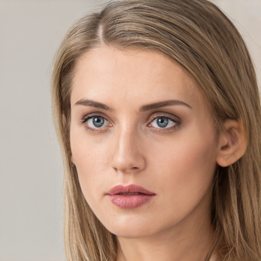 Neutral white young-adult female with long  brown hair and grey eyes