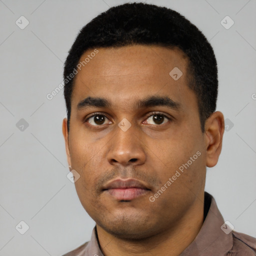 Neutral black young-adult male with short  black hair and brown eyes