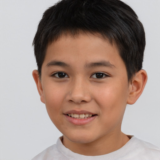 Joyful asian child male with short  brown hair and brown eyes