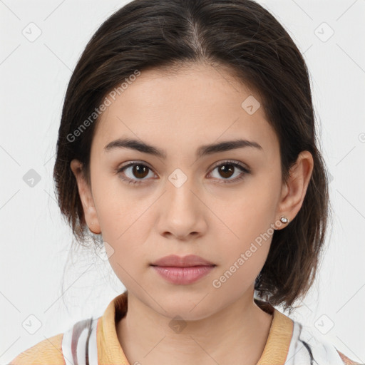 Neutral white young-adult female with medium  brown hair and brown eyes