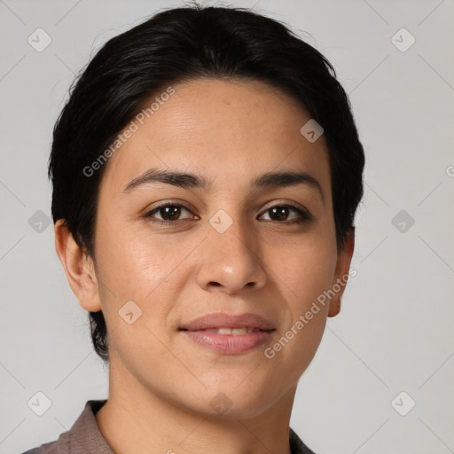 Joyful white young-adult female with short  brown hair and brown eyes