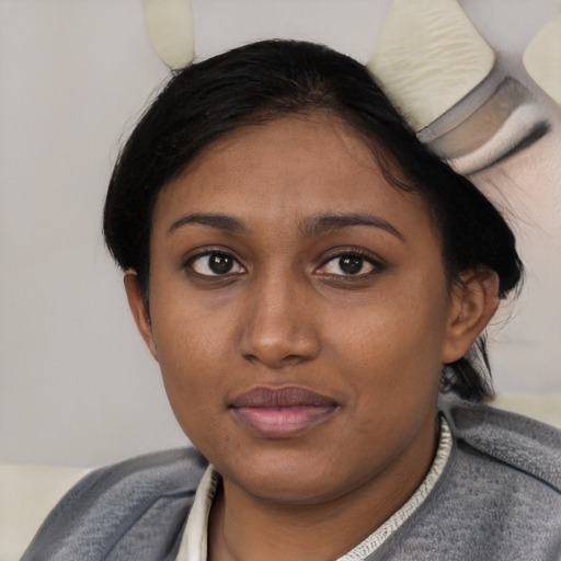 Joyful black young-adult female with short  brown hair and brown eyes