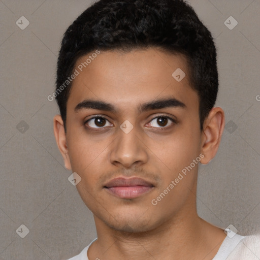 Neutral latino young-adult male with short  black hair and brown eyes