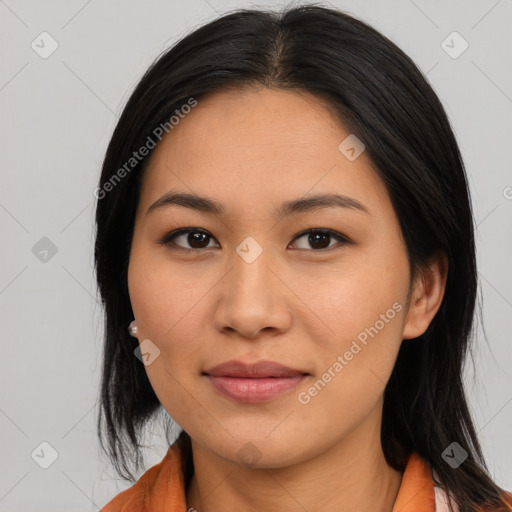 Joyful asian young-adult female with medium  black hair and brown eyes