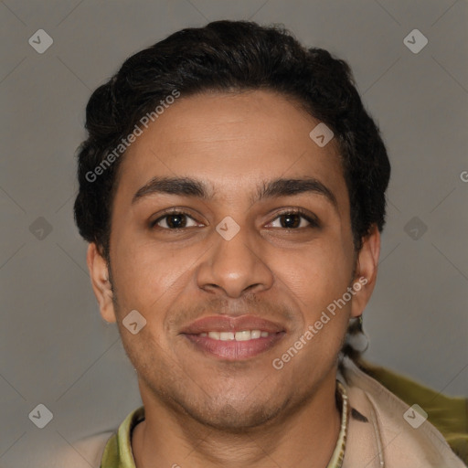 Joyful latino young-adult male with short  brown hair and brown eyes