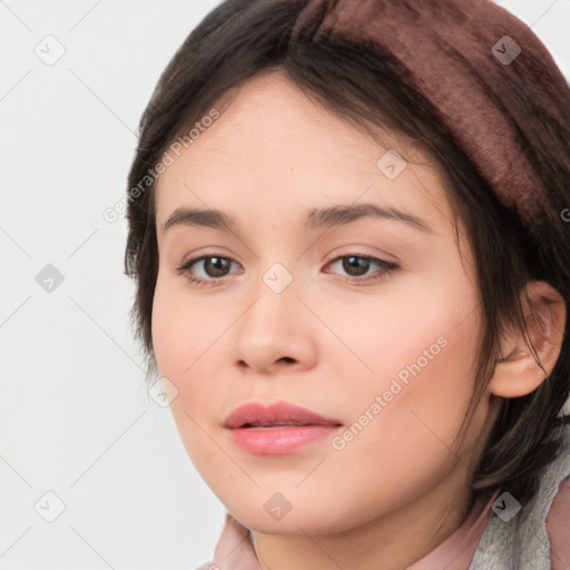 Neutral white young-adult female with medium  brown hair and brown eyes